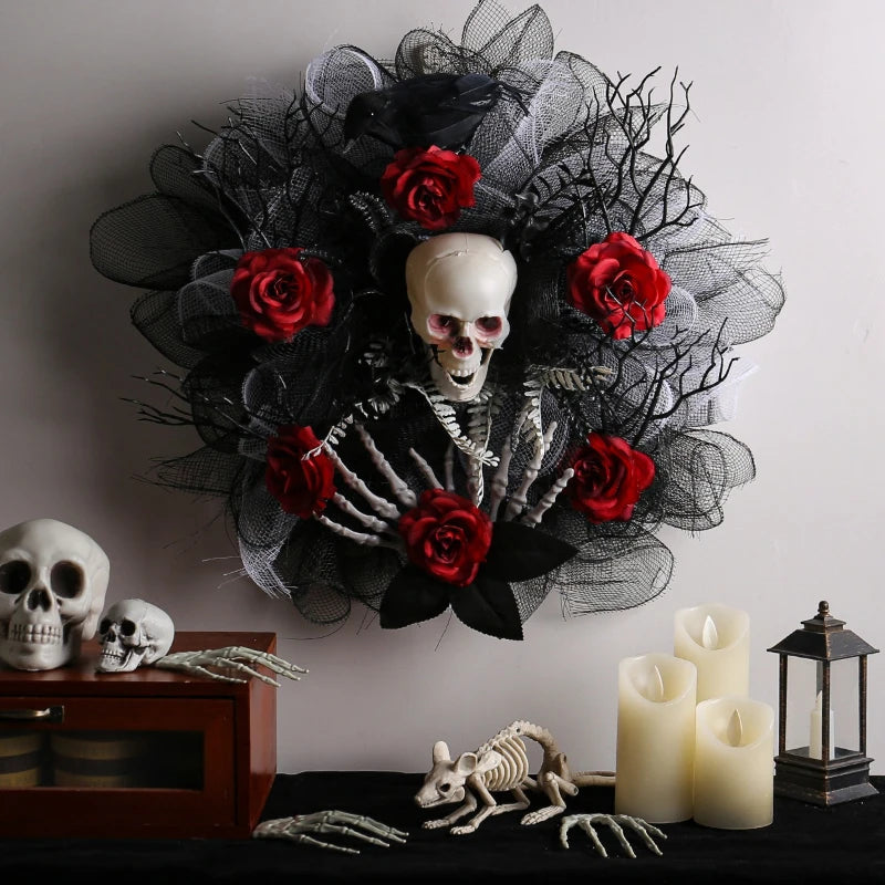 NOMOVA Halloween Garland Red Rose Skull Front Door Wreath