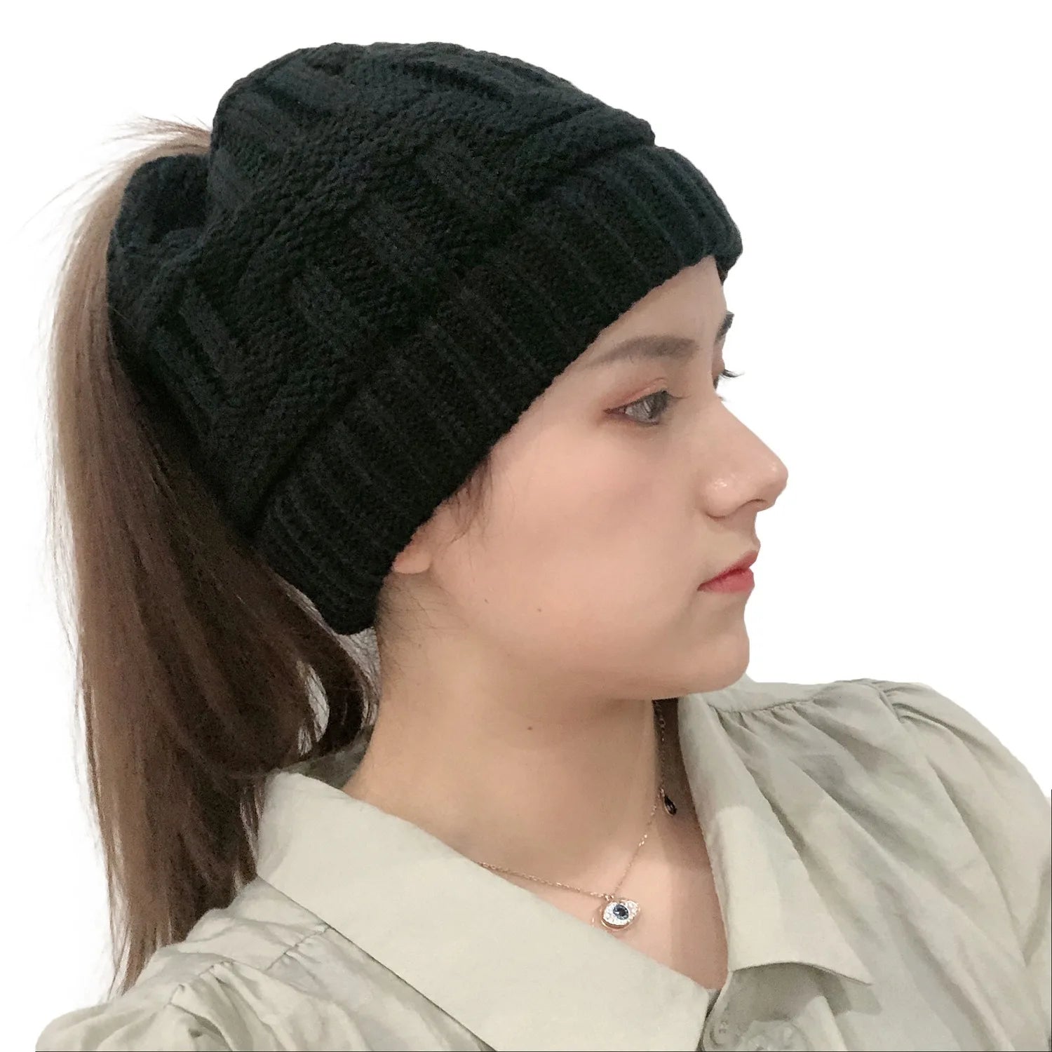 Women Winter Knit Beanie Ponytail Knit Hat - product detail 2
