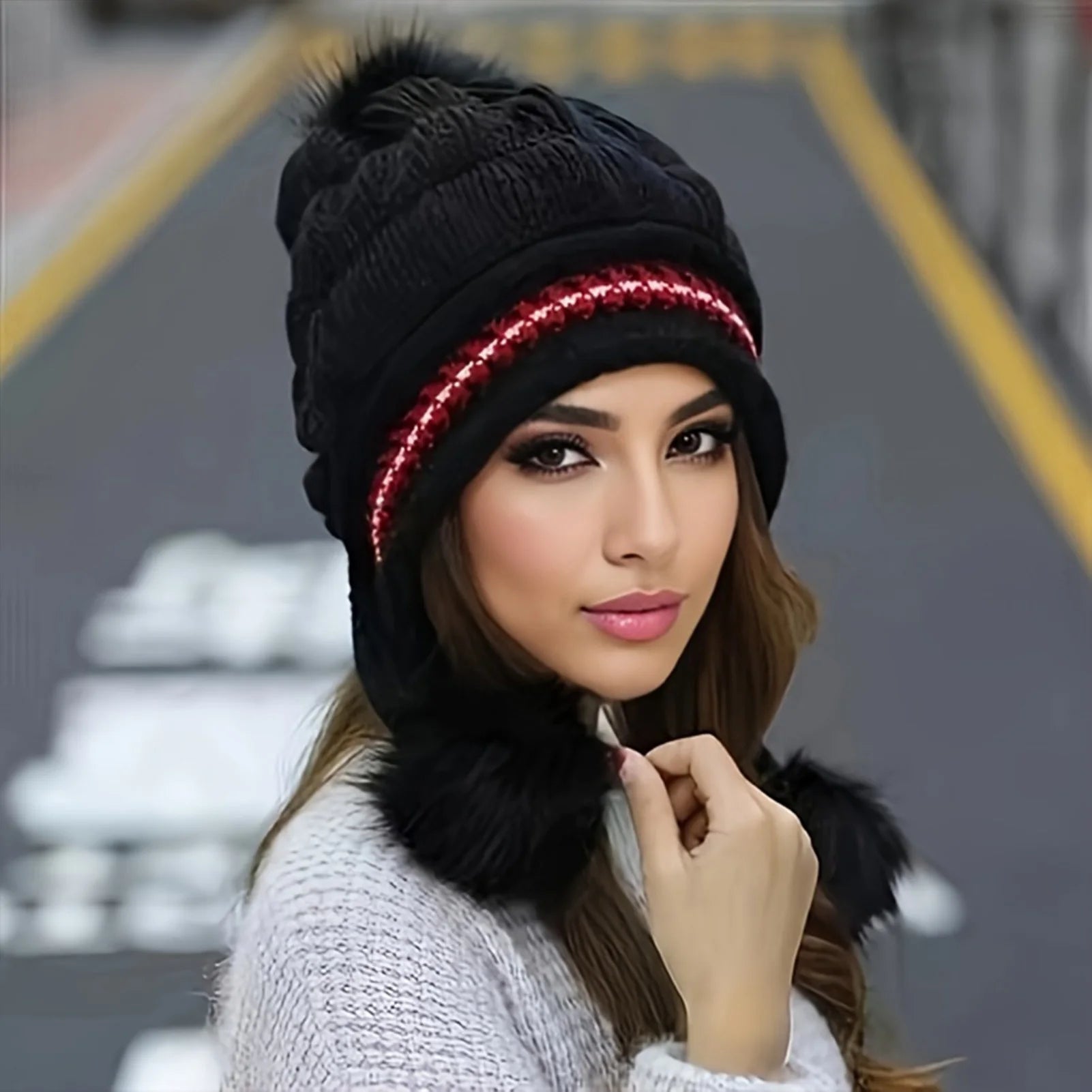 Fleece Lined Winter Hat with Faux Fur Hat Pom Pom - product detail 2
