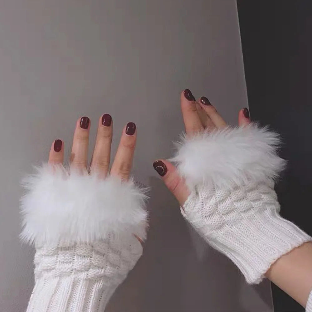 Faux Fur Fingerless Winter Gloves Hand Warmer - product detail 2