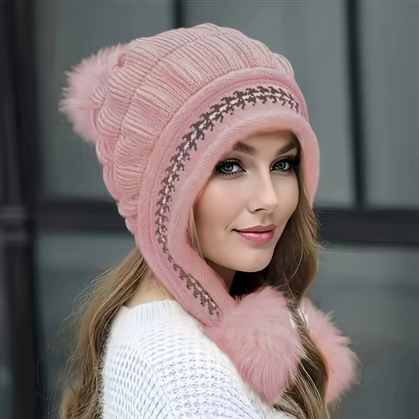 Fleece Lined Winter Hat with Faux Fur Hat Pom Pom - product detail 3
