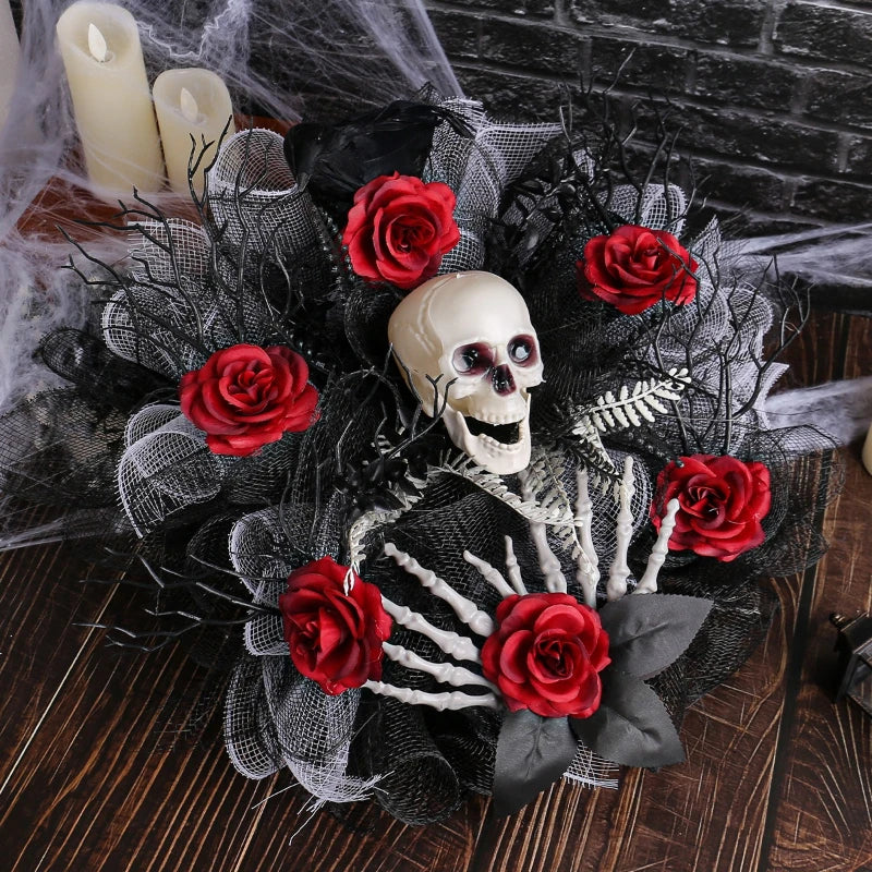 Halloween Garland Red Rose Skull Front Door Wreath - product detail 2