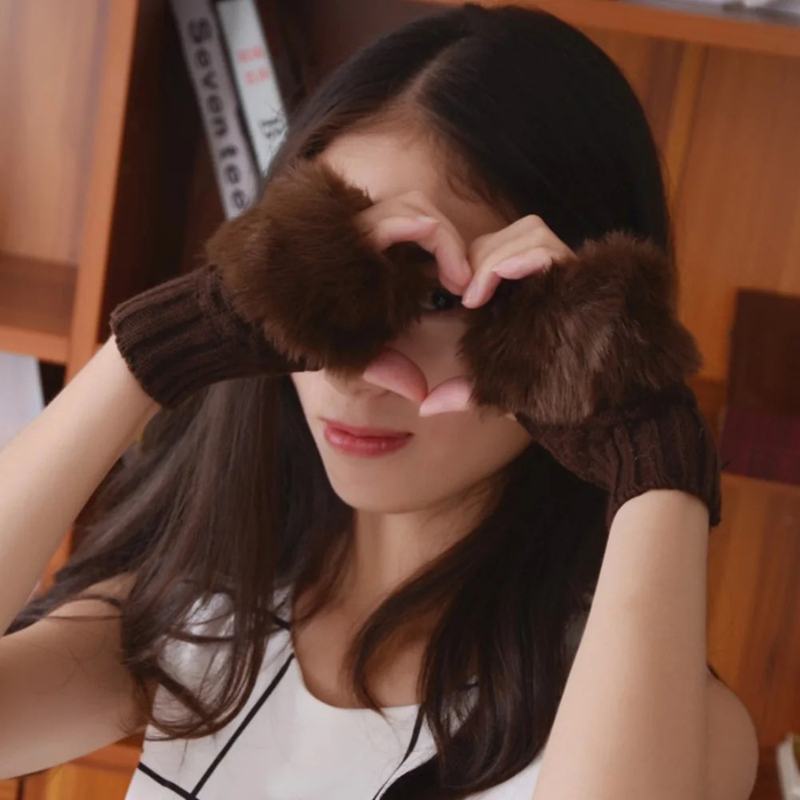 Faux Fur Fingerless Winter Gloves Hand Warmer - product detail 16
