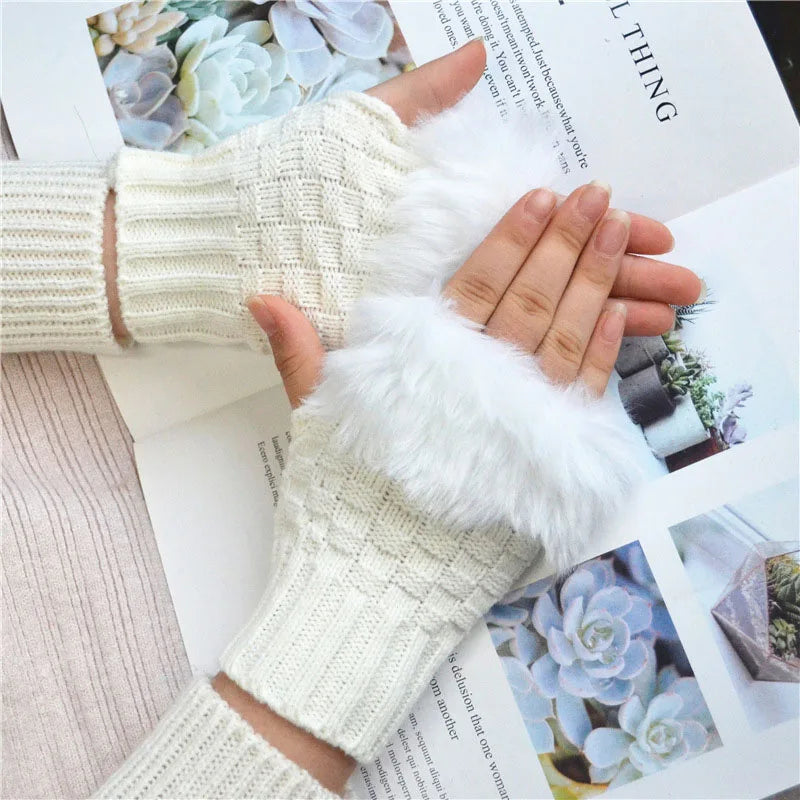 Faux Fur Fingerless Winter Gloves Hand Warmer - product detail 9