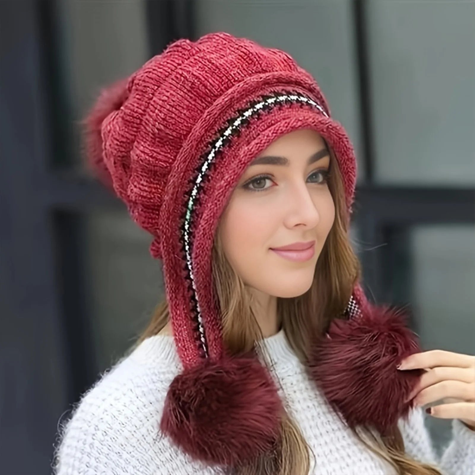 Fleece Lined Winter Hat with Faux Fur Hat Pom Pom - product detail 4