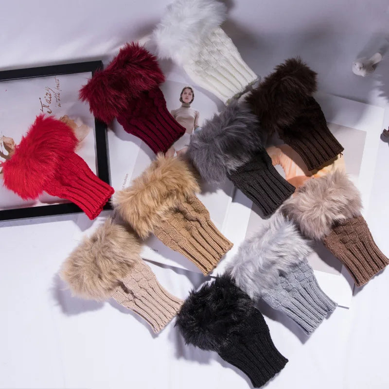 Faux Fur Fingerless Winter Gloves Hand Warmer - product detail 4