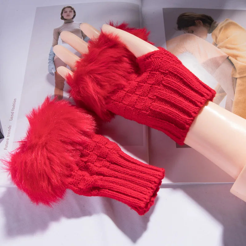 Faux Fur Fingerless Winter Gloves Hand Warmer - product detail 10