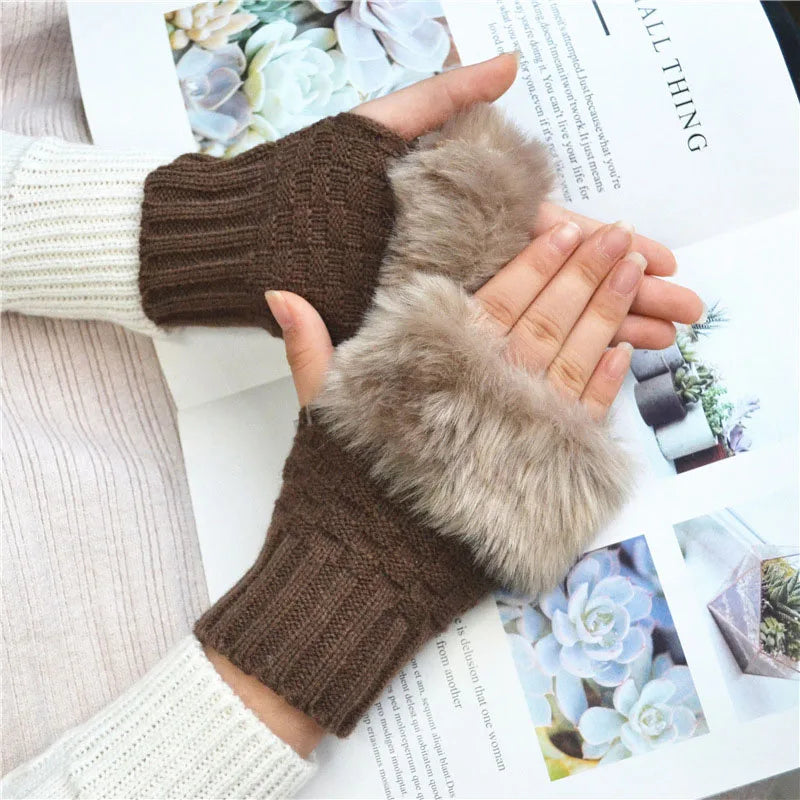 Faux Fur Fingerless Winter Gloves Hand Warmer - product detail 11