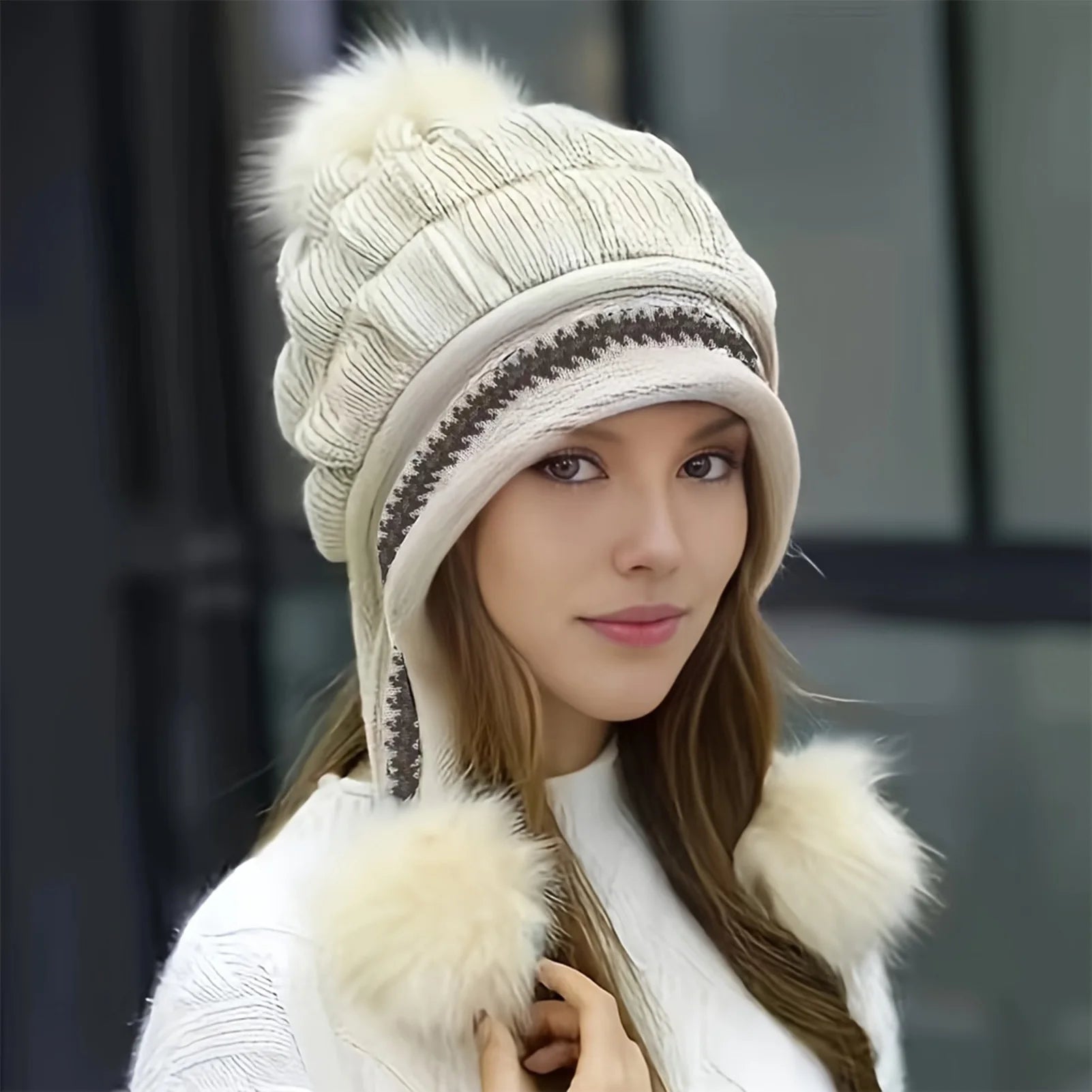 Fleece Lined Winter Hat with Faux Fur Hat Pom Pom - product detail 5