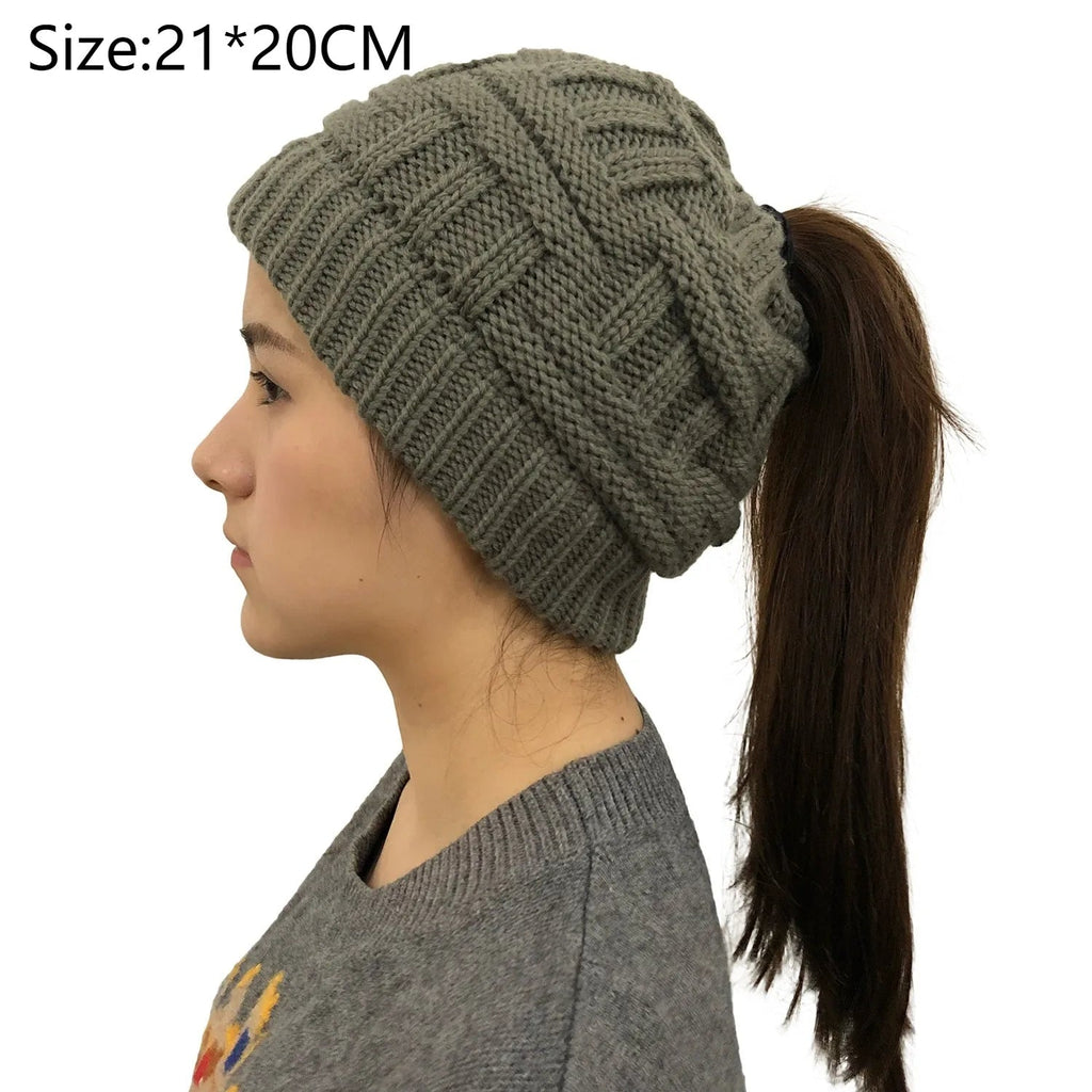 Women Winter Knit Beanie Ponytail Knit Hat - product detail 4