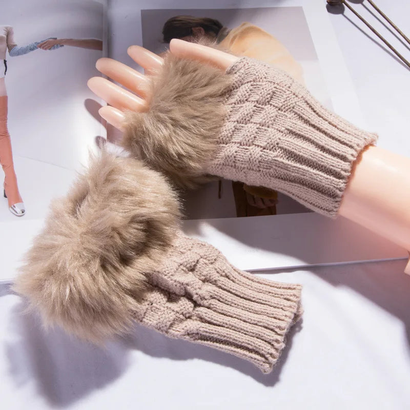 Faux Fur Fingerless Winter Gloves Hand Warmer - product detail 6