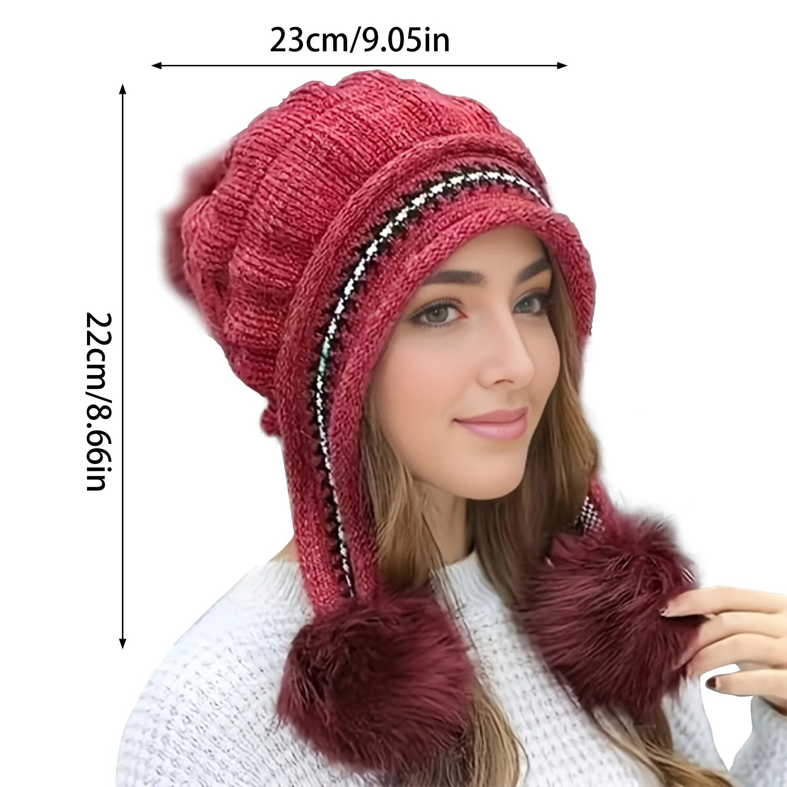 Fleece Lined Winter Hat with Faux Fur Hat Pom Pom - product detail 6