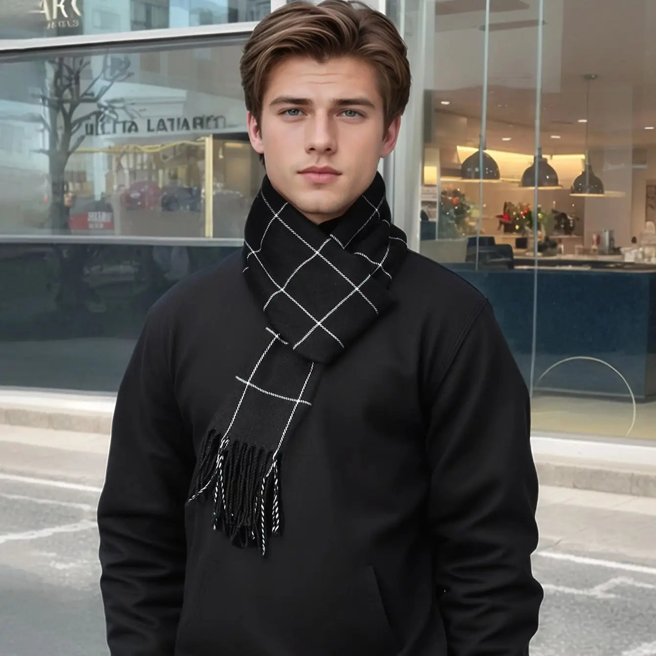Luxury Plaid Cashmere Winter Scarf for Men - product detail 4