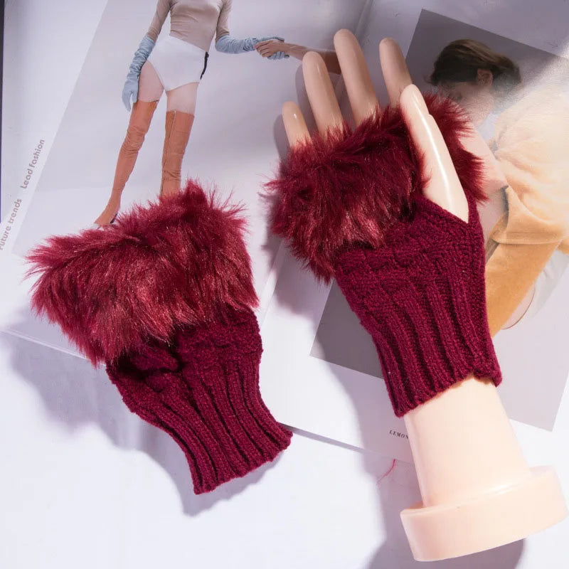 Faux Fur Fingerless Winter Gloves Hand Warmer - product detail 12