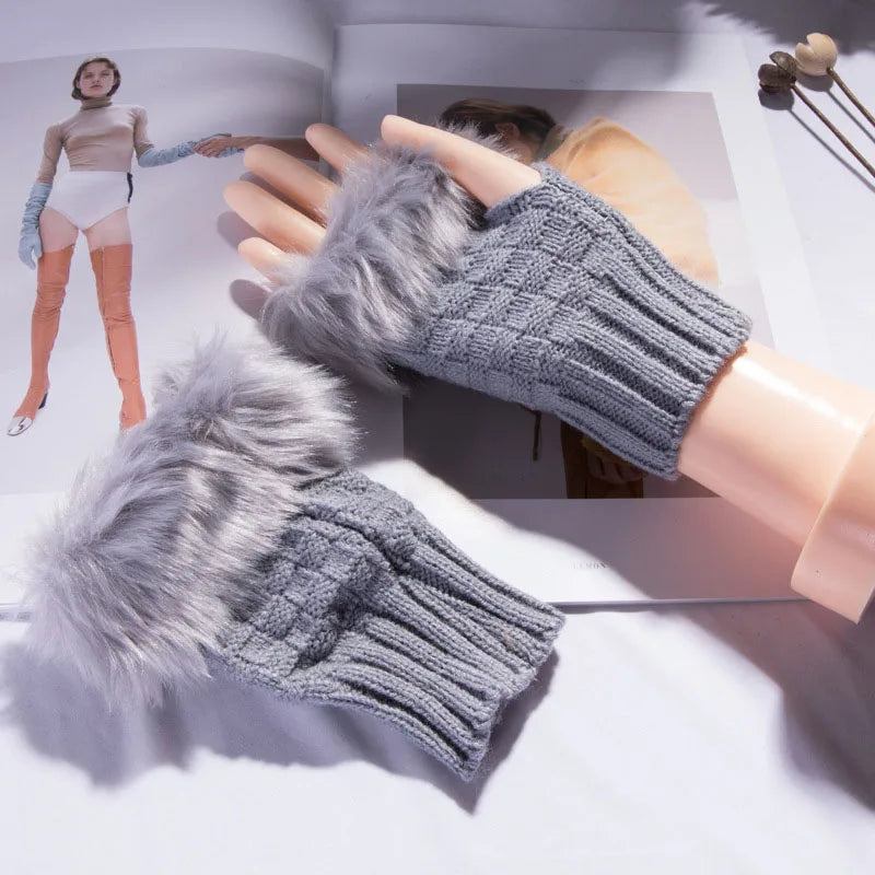Faux Fur Fingerless Winter Gloves Hand Warmer - product detail 13
