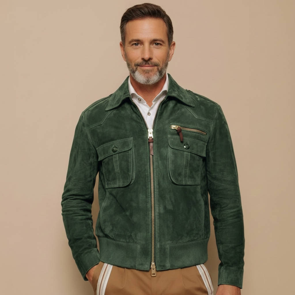 NOMOVA Men's Retro Lapel Zipper Breast Pocket Suede Jacket