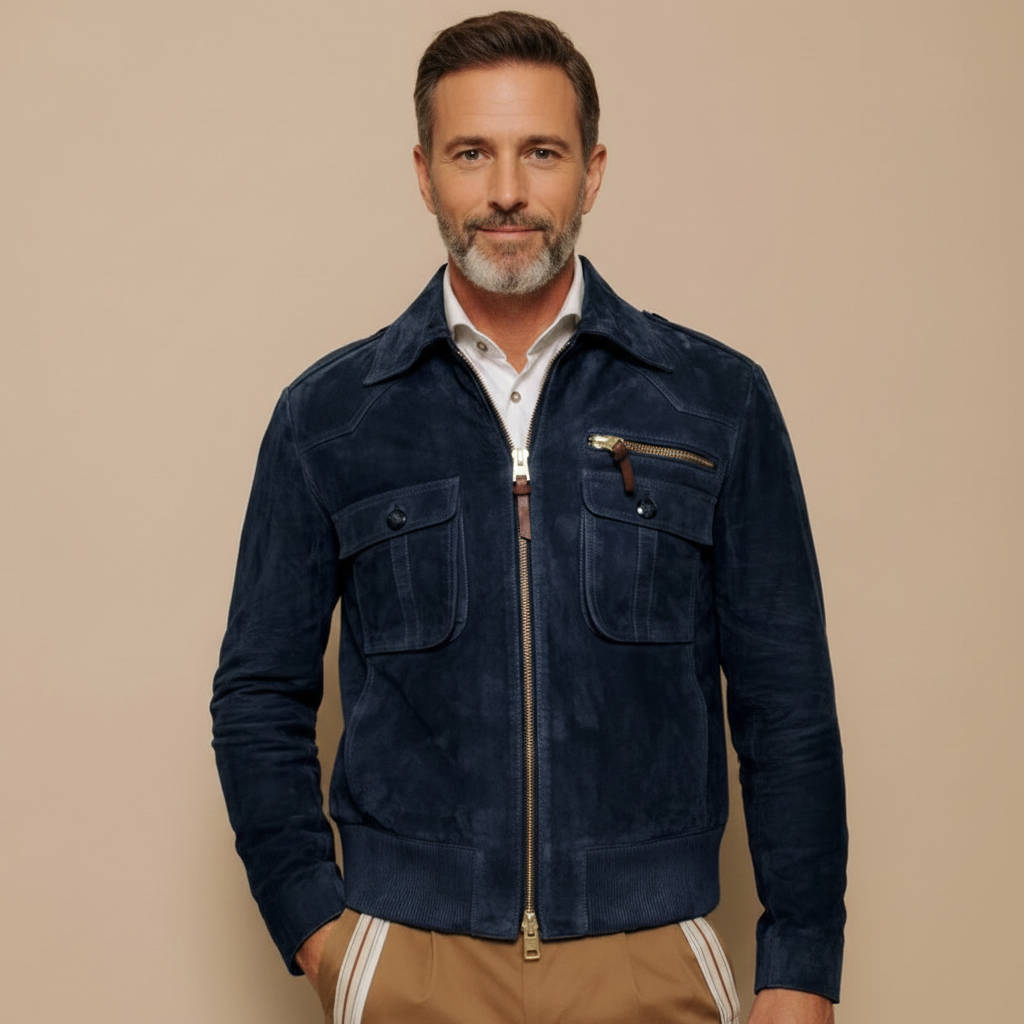 Men's Retro Lapel Zipper Breast Pocket Suede Jacket - product detail 7