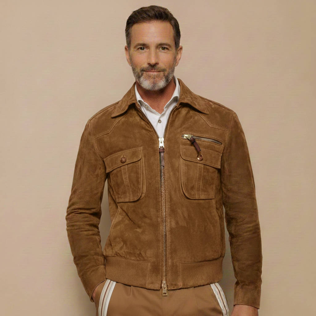 Men's Retro Lapel Zipper Breast Pocket Suede Jacket - product detail 5