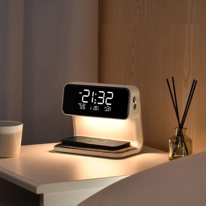 Despertador con estación de carga inalámbrica Qi para mesita de noche, pantalla LED digital y luz nocturna