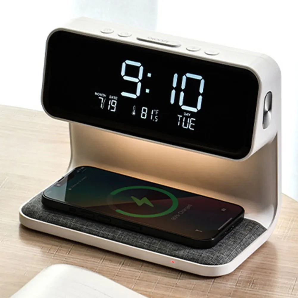 Despertador con estación de carga inalámbrica Qi para mesita de noche, pantalla LED digital y luz nocturna