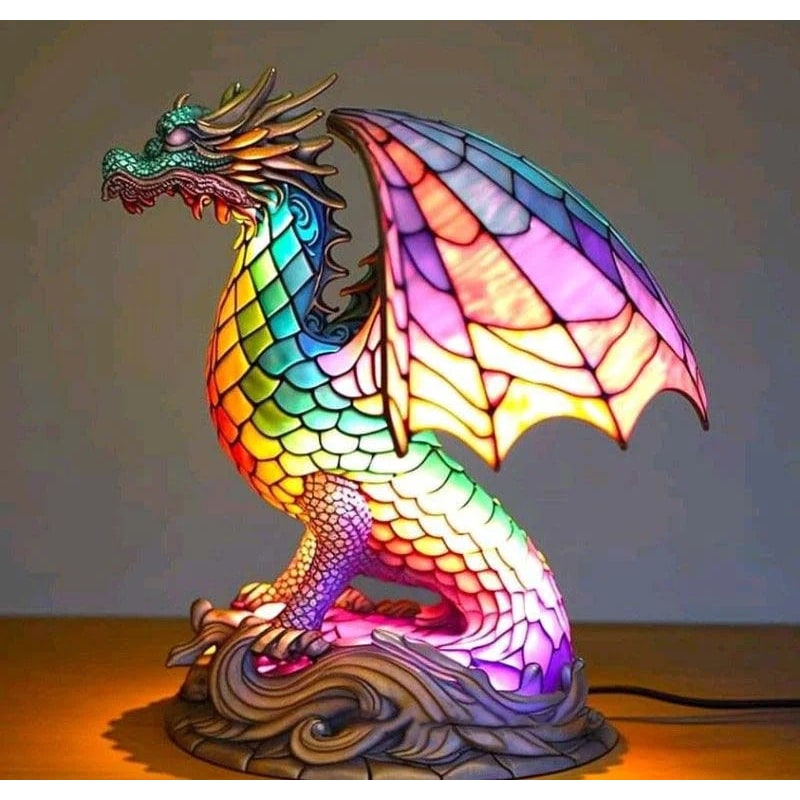 Lámpara de mesa de vidrio con diseño de mosaico estilo vitral de animales y cálida luz LED