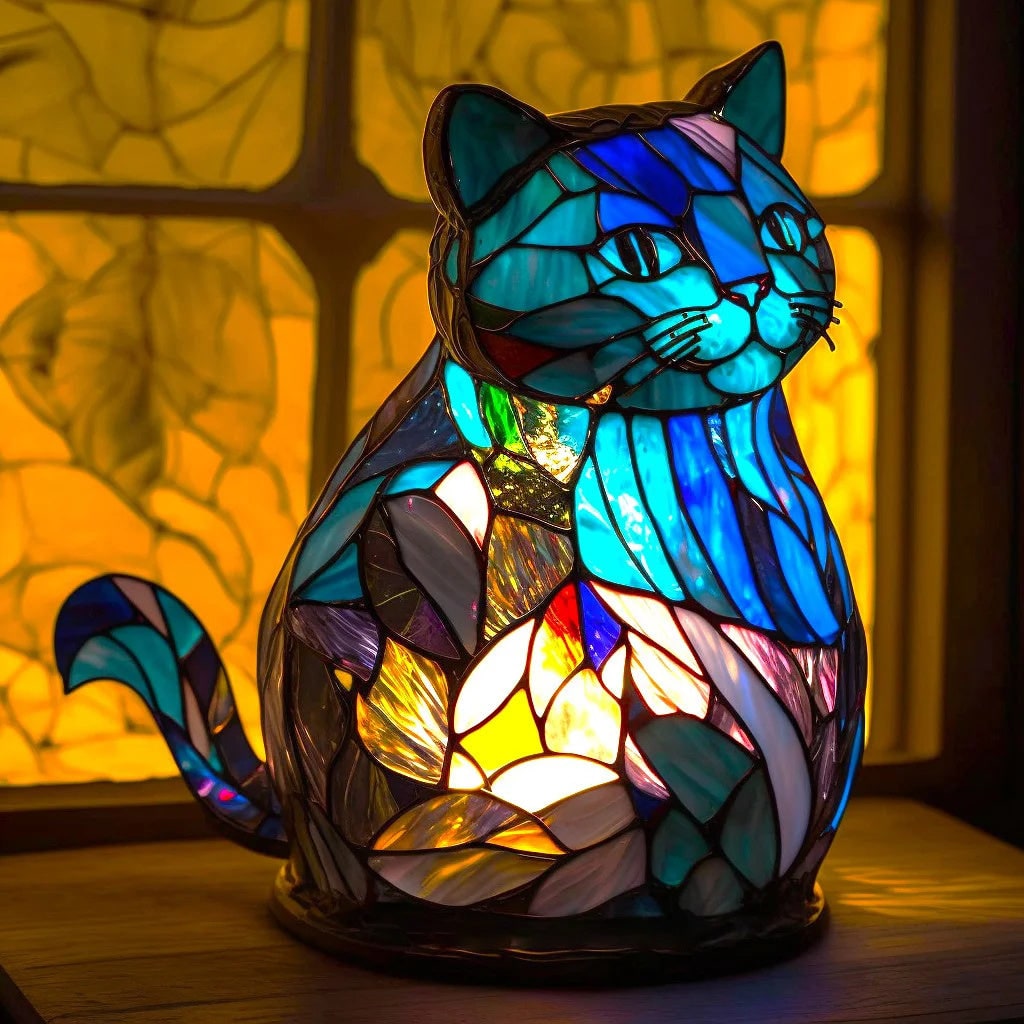 Lámpara de mesa de vidrio con diseño de mosaico estilo vitral de animales y cálida luz LED