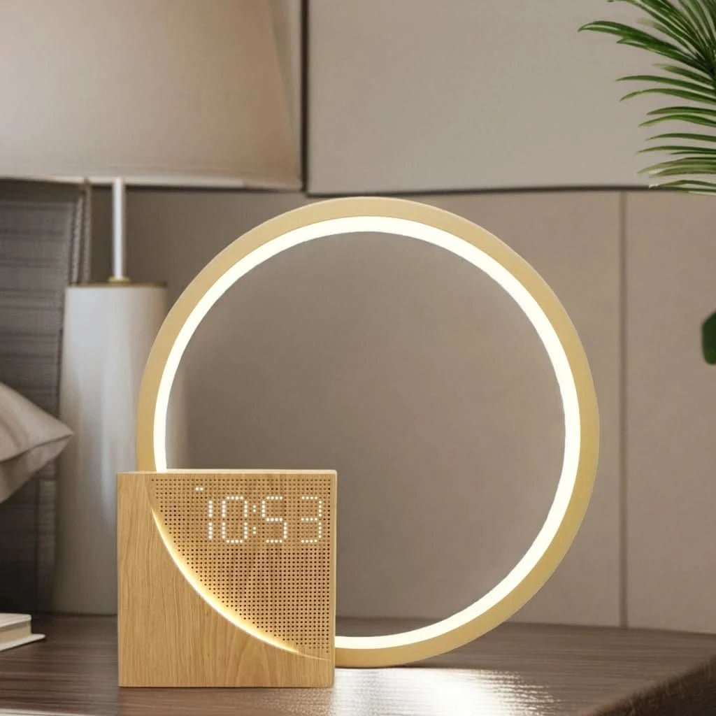 Lámpara de mesa de noche con reloj despertador digital, puerto de carga USB y luz nocturna LED