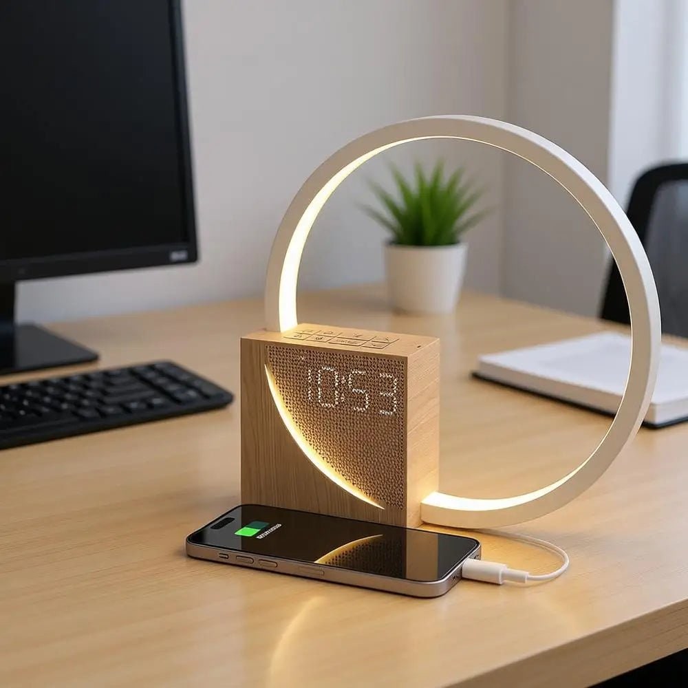 Lámpara de mesa de noche con reloj despertador digital, puerto de carga USB y luz nocturna LED