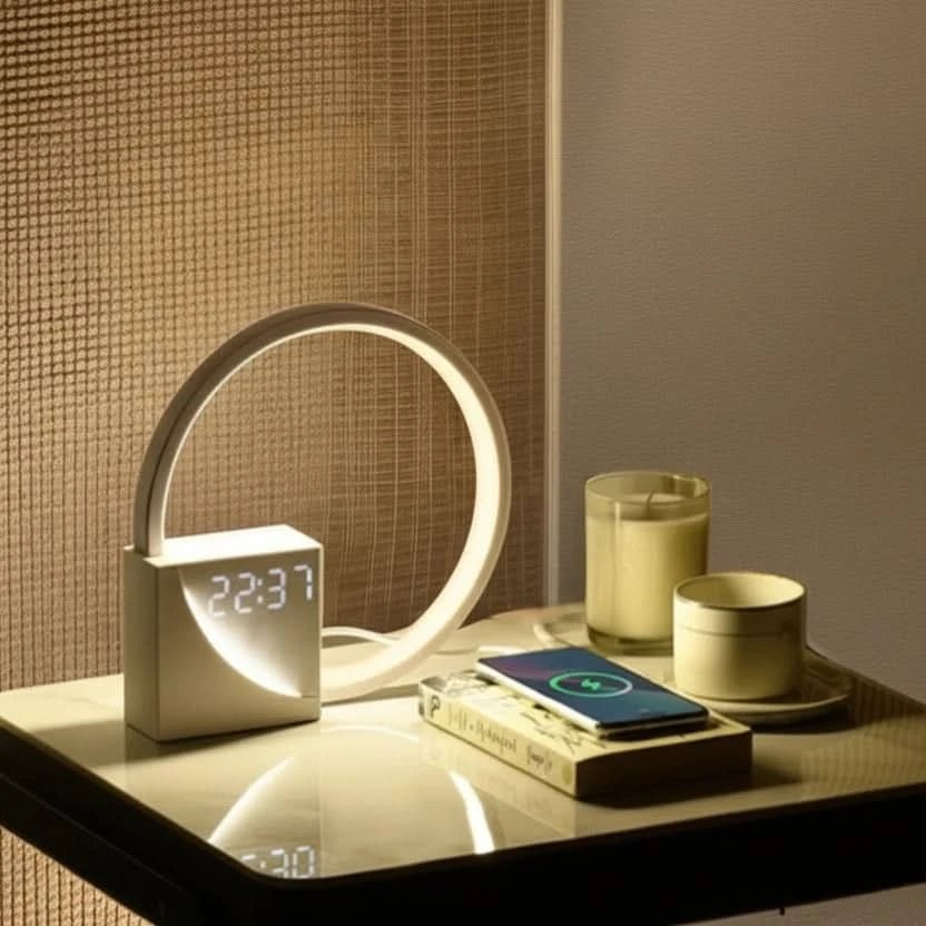 Lámpara de mesa de noche con reloj despertador digital, puerto de carga USB y luz nocturna LED