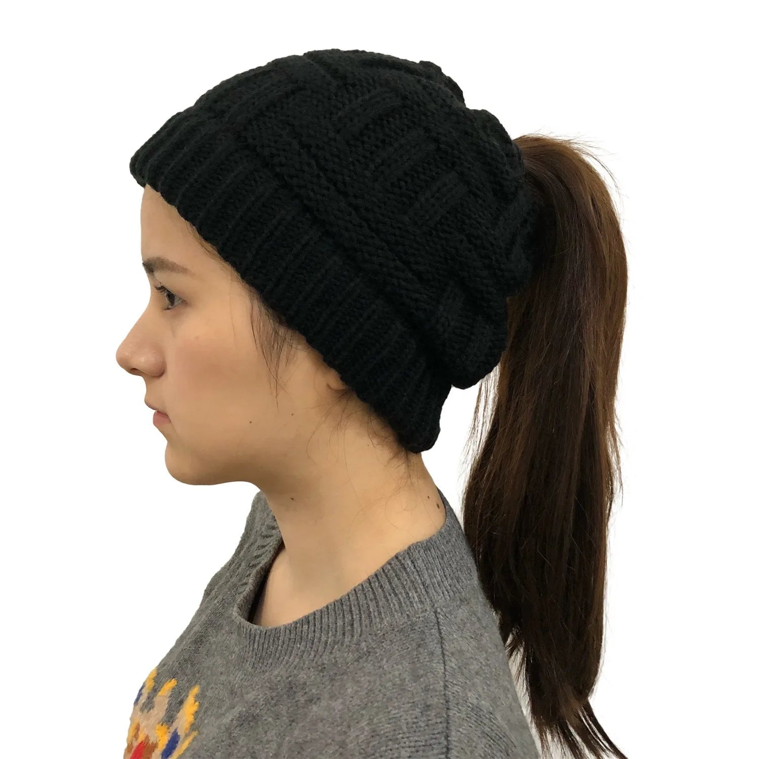 Women Winter Knit Beanie Ponytail Knit Hat - product detail 8