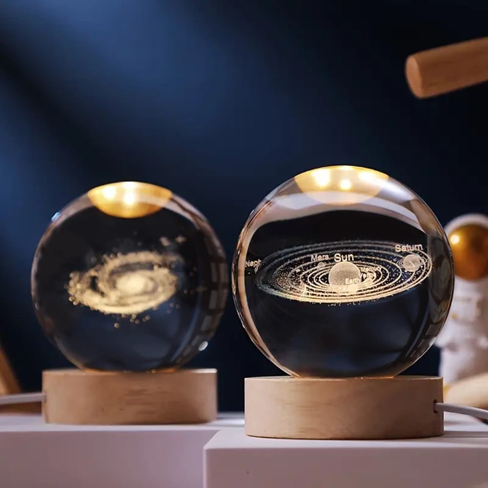 Lámpara de noche con bola de cristal, grabado láser 3D, base de madera, USB y LED decorativa