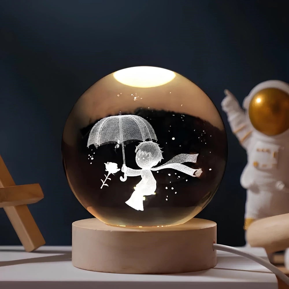 Lámpara de noche con bola de cristal, grabado láser 3D, base de madera, USB y LED decorativa