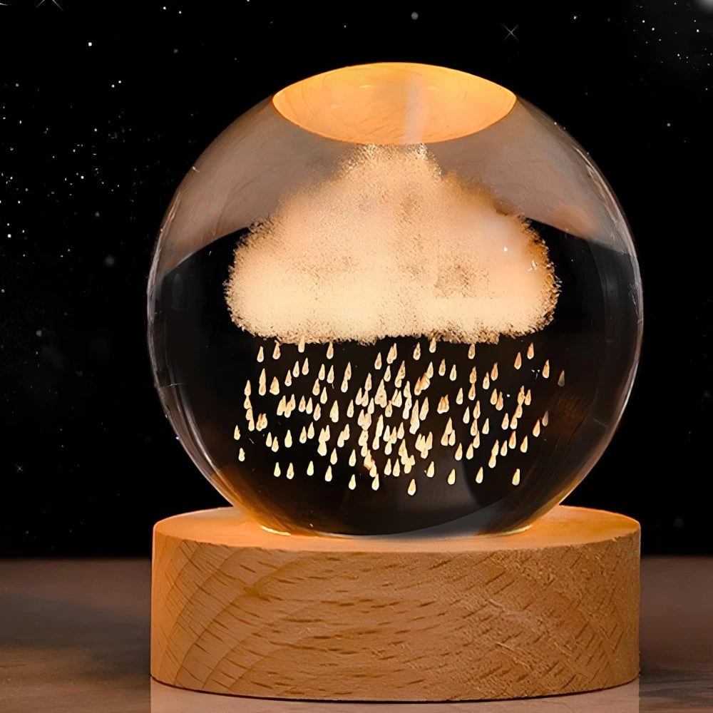 Lámpara de noche con bola de cristal, grabado láser 3D, base de madera, USB y LED decorativa