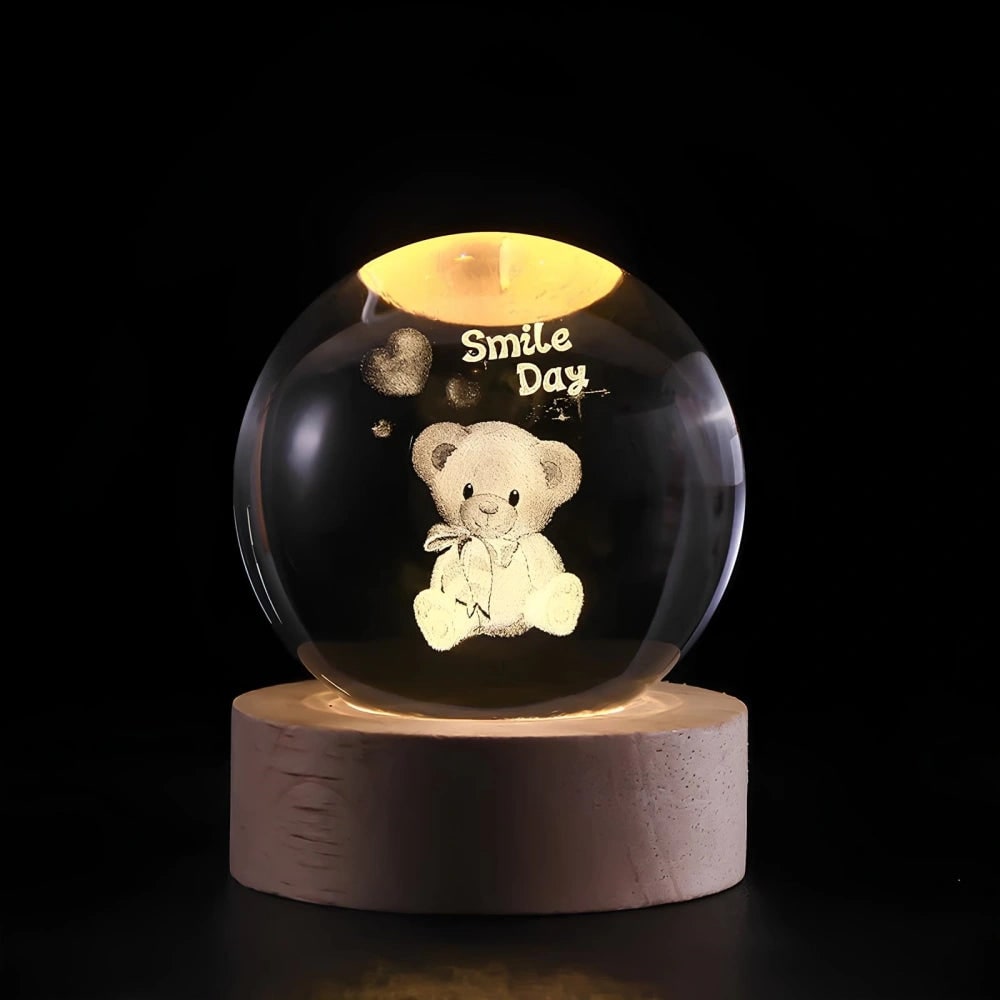 Lámpara de noche con bola de cristal, grabado láser 3D, base de madera, USB y LED decorativa