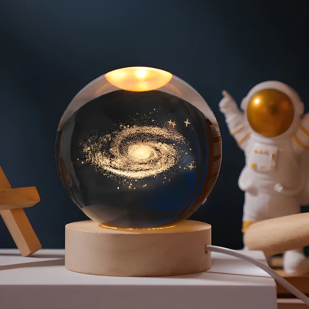 Lámpara de noche con bola de cristal, grabado láser 3D, base de madera, USB y LED decorativa