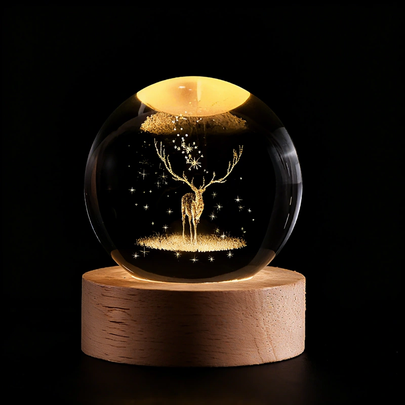 Lámpara de noche con bola de cristal, grabado láser 3D, base de madera, USB y LED decorativa
