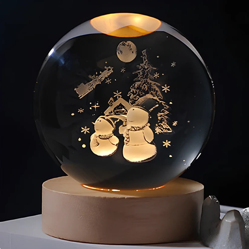 Lámpara de noche con bola de cristal, grabado láser 3D, base de madera, USB y LED decorativa