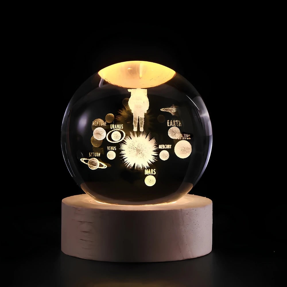 Lámpara de noche con bola de cristal, grabado láser 3D, base de madera, USB y LED decorativa