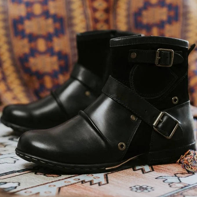 Men's Vintage Style Buckled Ankle Boots - product detail 5