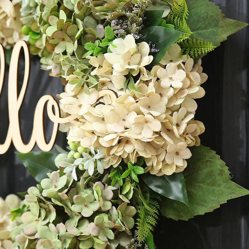 Green Hydrangea Wreath With Hello Sign - product detail 2