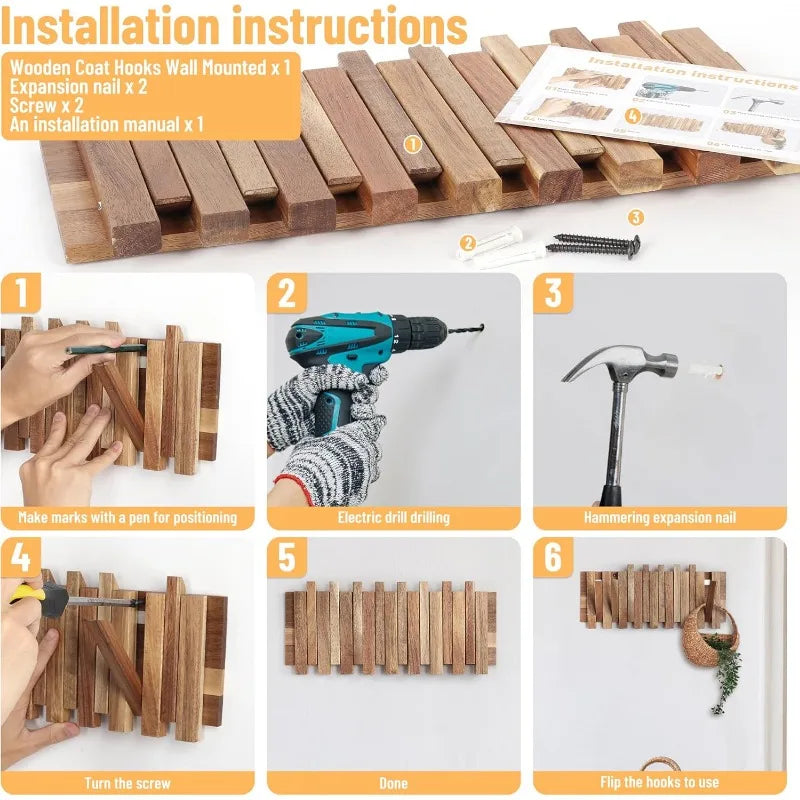 Rustic Wall-Mounted Coat Rack with 8 Flip Hooks - product detail 2