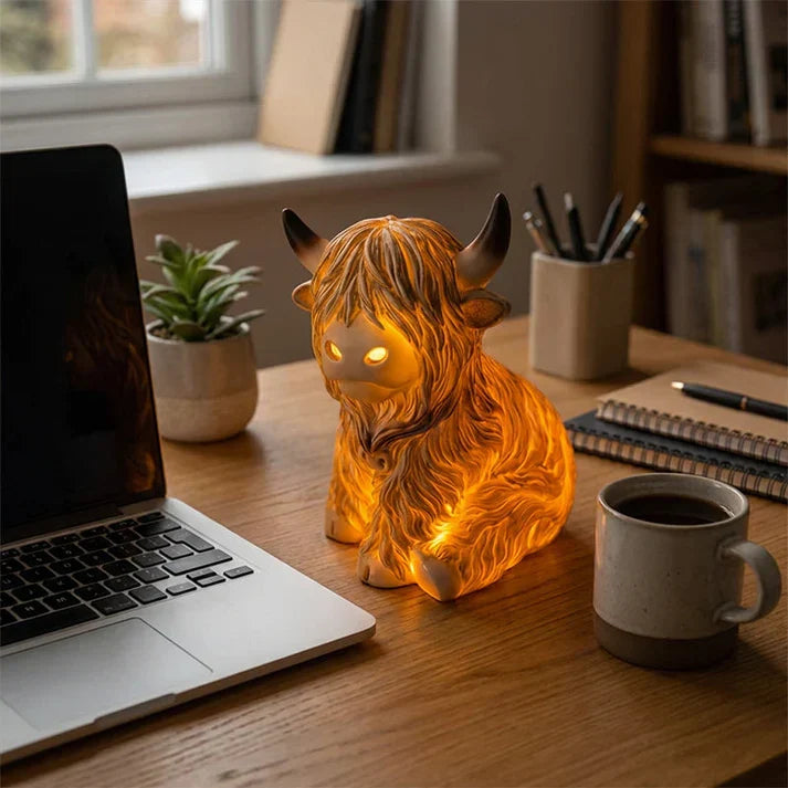 Highland Cow Resin Night Light – Warm Amber Glow & Decorative Lamp