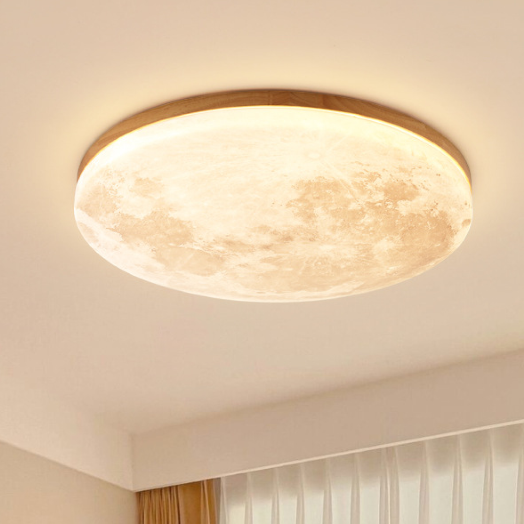 Lámpara de techo de montaje al ras con textura superficial de luna y marco de madera