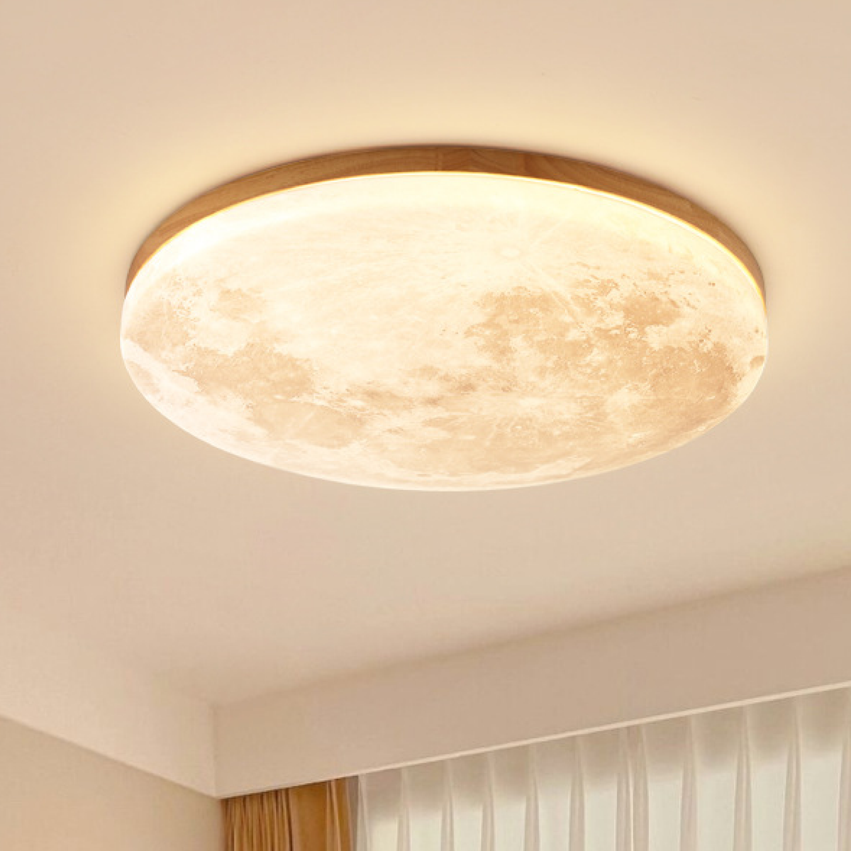 Lámpara de techo de montaje al ras con textura superficial de luna y marco de madera
