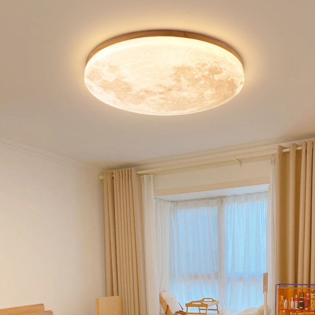 Lámpara de techo de montaje al ras con textura superficial de luna y marco de madera