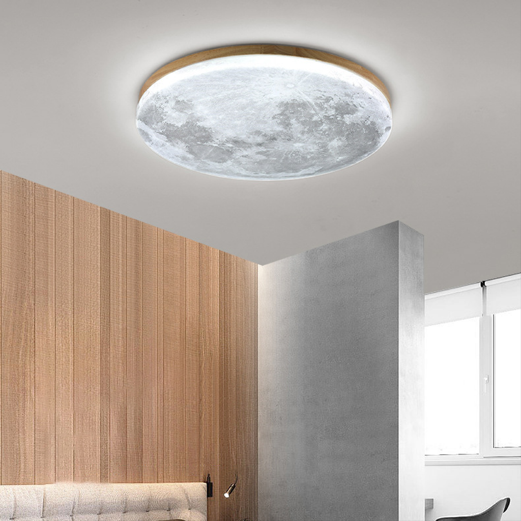 Lámpara de techo de montaje al ras con textura superficial de luna y marco de madera