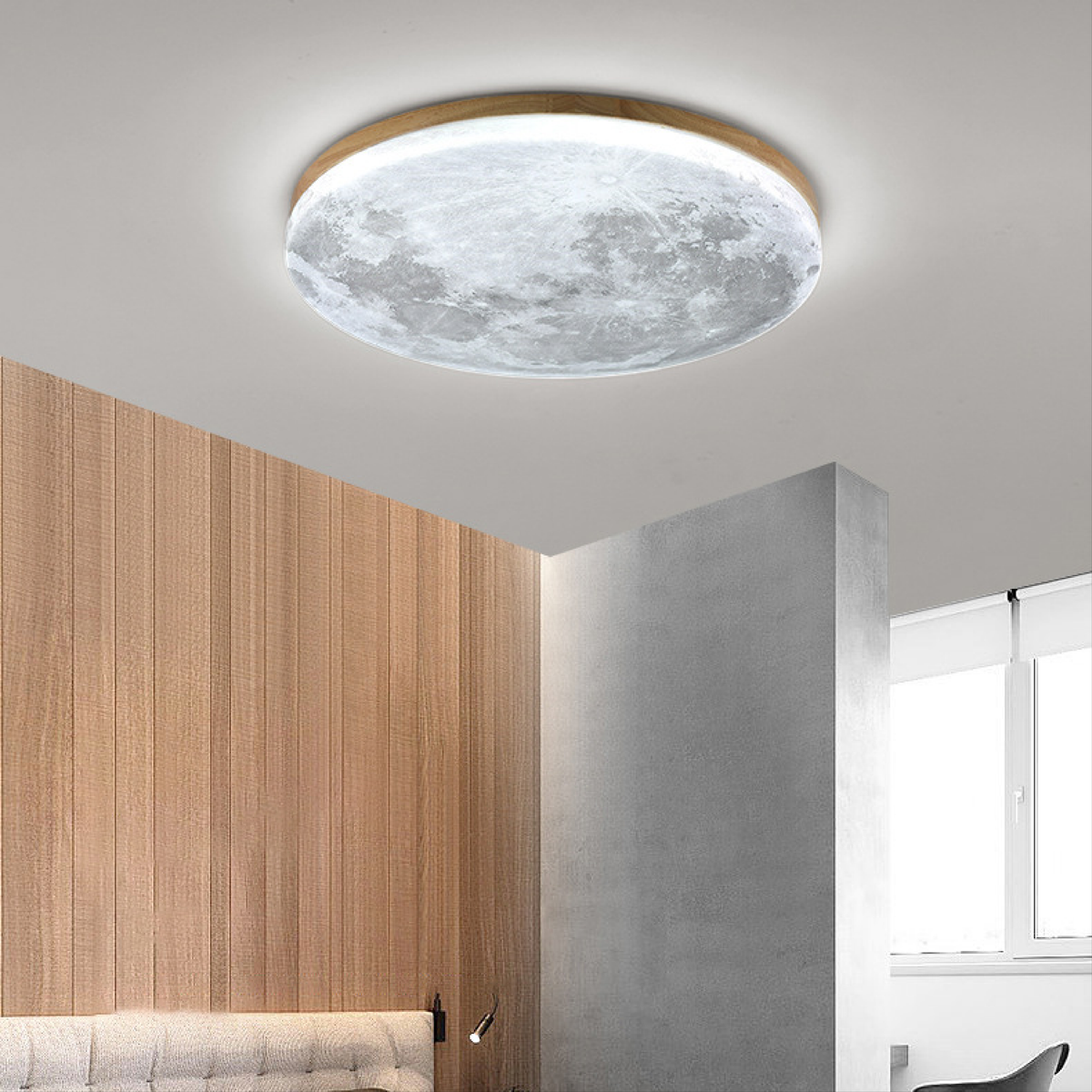 Lámpara de techo de montaje al ras con textura superficial de luna y marco de madera