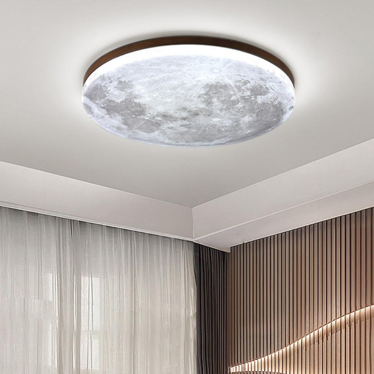 Lámpara de techo de montaje al ras con textura superficial de luna y marco de madera