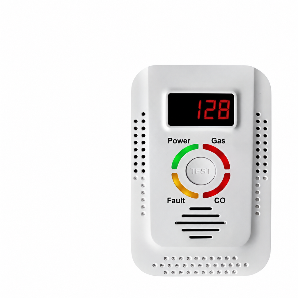 Plug-in gas and CO detector on a white background