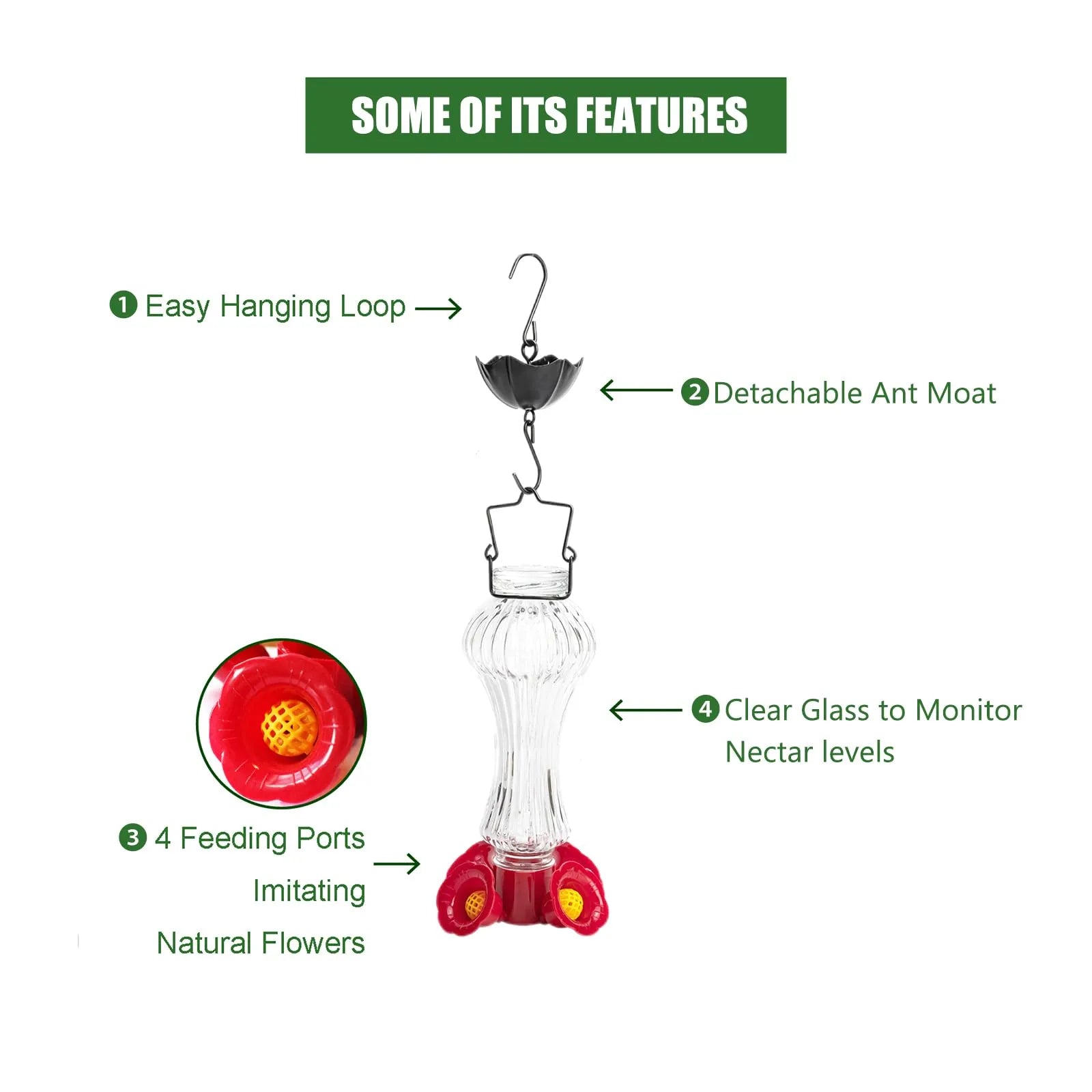 Flowers Glass Hummingbird Feeder With Ant Moat - product detail 4